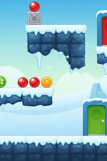 Cartoon-style winter game scene with red and green blocks, icy platforms, and candy