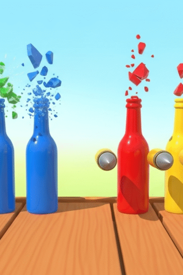 Cartoon game scene with colorful glass bottles on a platform ready to be shot