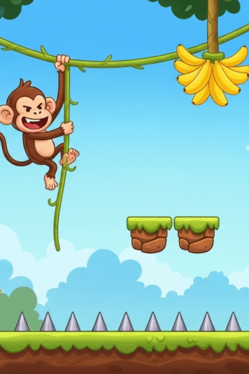 Jungle-themed cartoon platformer scene with bananas, coins, crates, and traps
